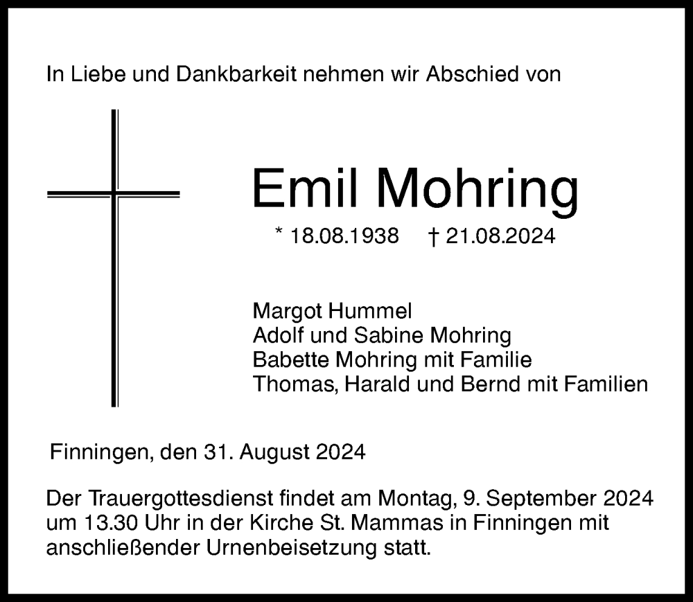 Traueranzeige von Emil Mohring von Augsburger Allgemeine, Neu-Ulmer Zeitung