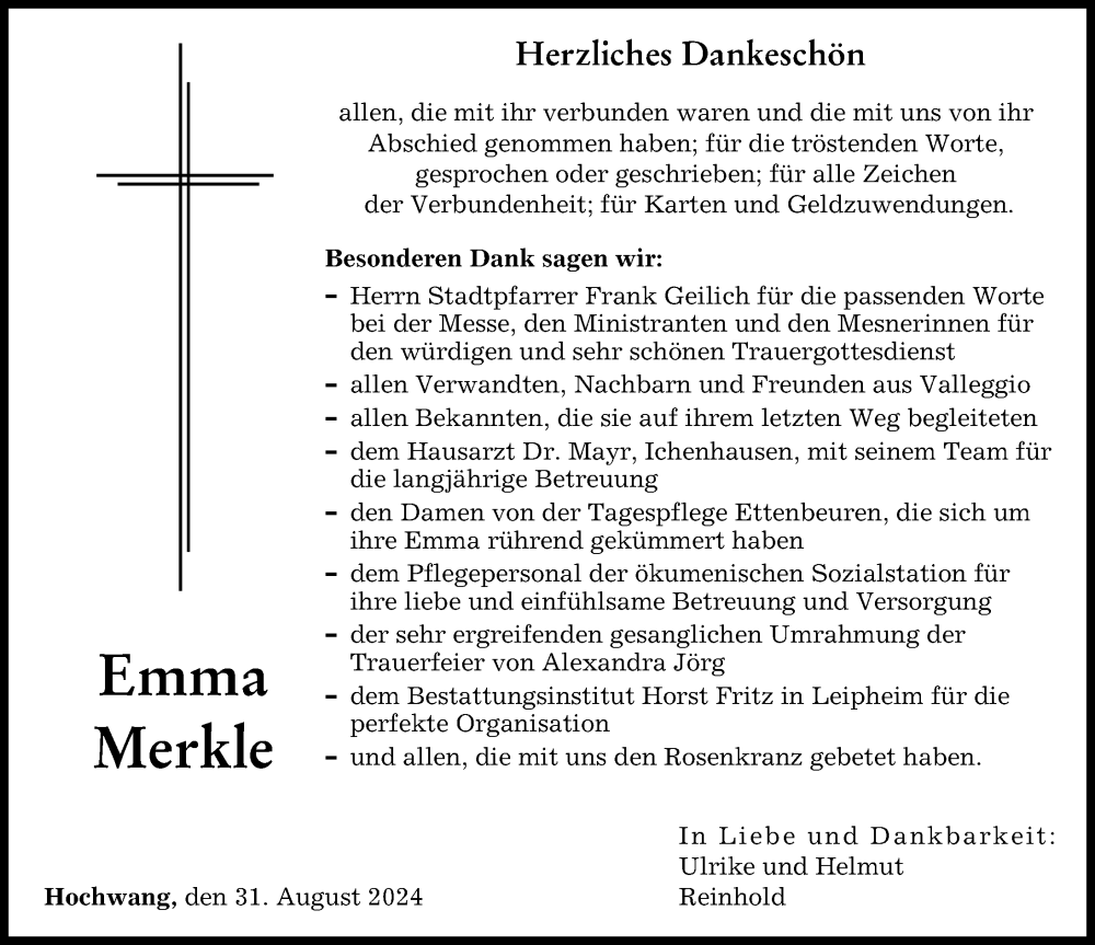 Traueranzeige von Emma Merkle von Günzburger Zeitung