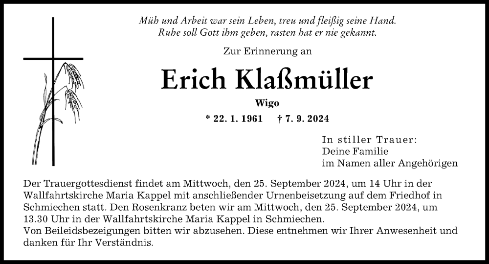 Traueranzeige von Erich Klaßmüller von Friedberger Allgemeine