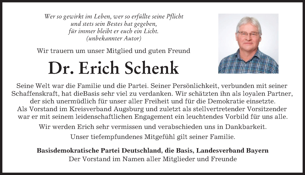  Traueranzeige für Erich Schenk vom 25.09.2024 aus Augsburger Allgemeine