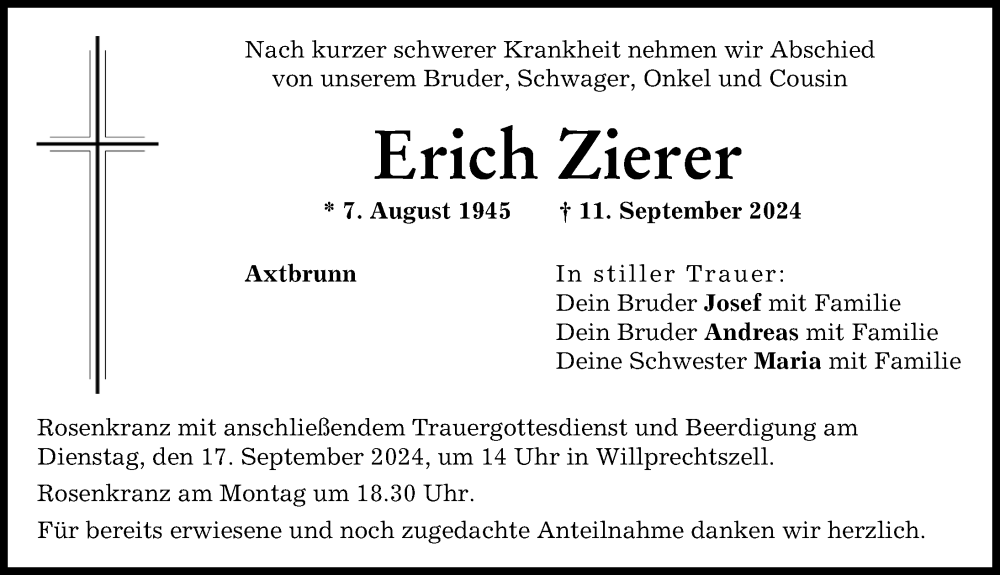 Traueranzeige von Erich Zierer von Aichacher Nachrichten