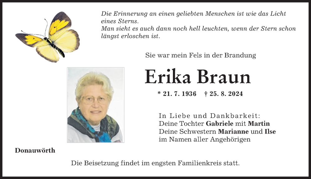 Traueranzeige von Erika Braun von Donauwörther Zeitung