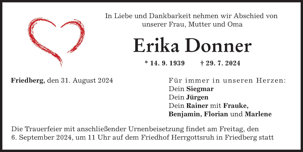 Traueranzeige von Erika Donner von Friedberger Allgemeine