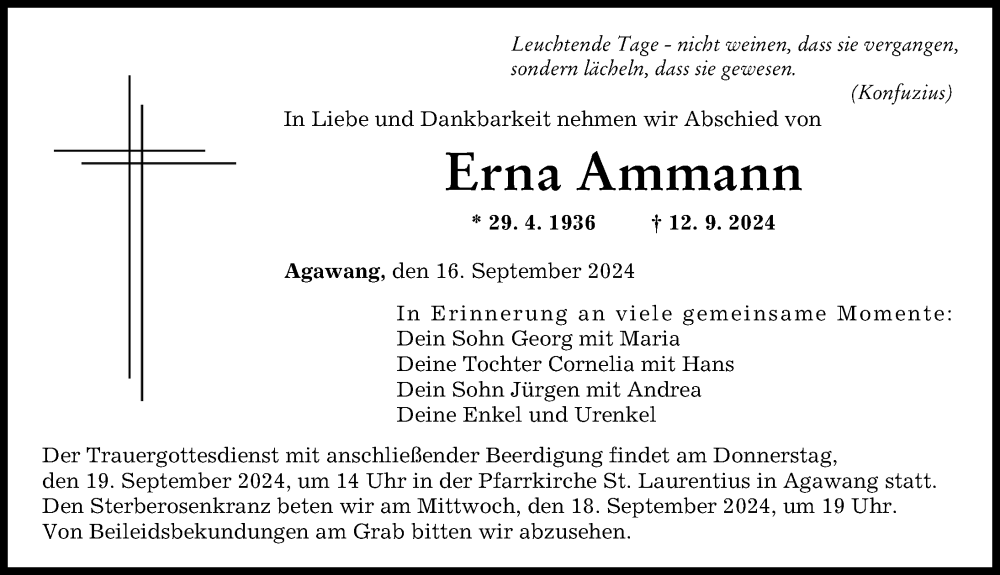 Traueranzeige von Erna Ammann von Augsburger Allgemeine