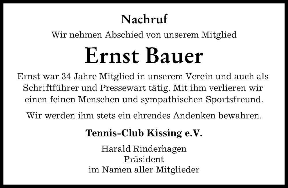 Traueranzeige von Ernst Bauer von Friedberger Allgemeine