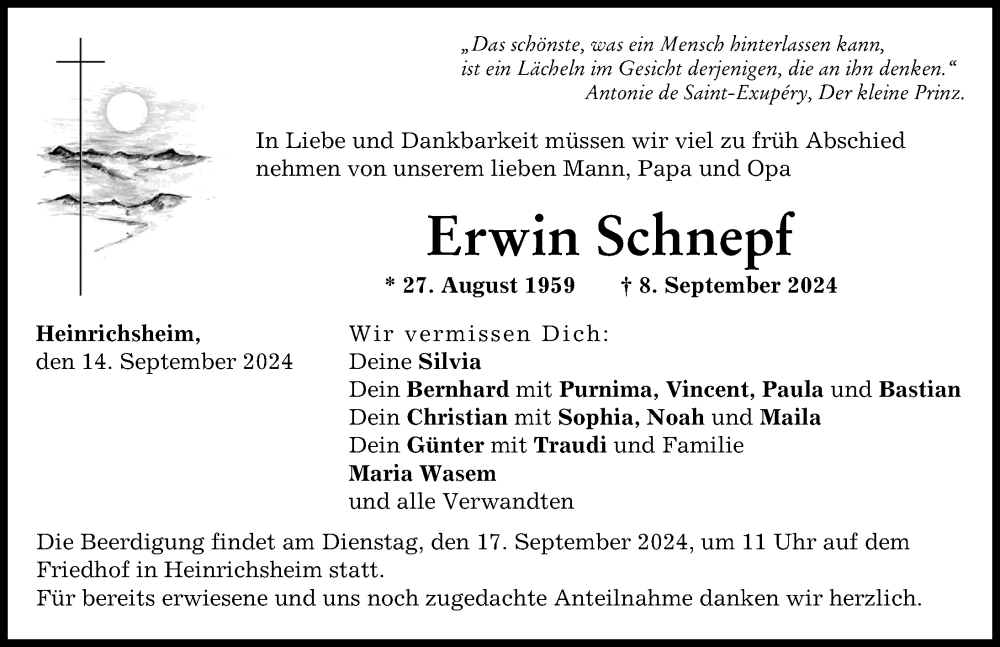  Traueranzeige für Erwin Schnepf vom 14.09.2024 aus Neuburger Rundschau