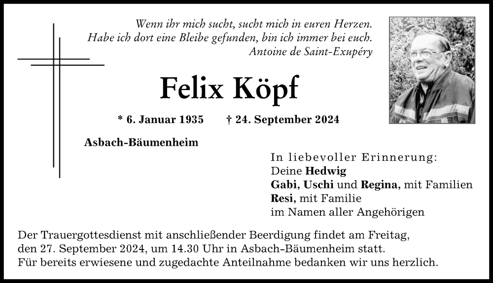 Traueranzeige von Felix Köpf von Donauwörther Zeitung