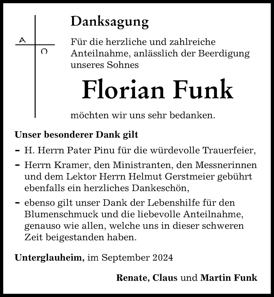 Traueranzeige von Florian Funk von Donau Zeitung