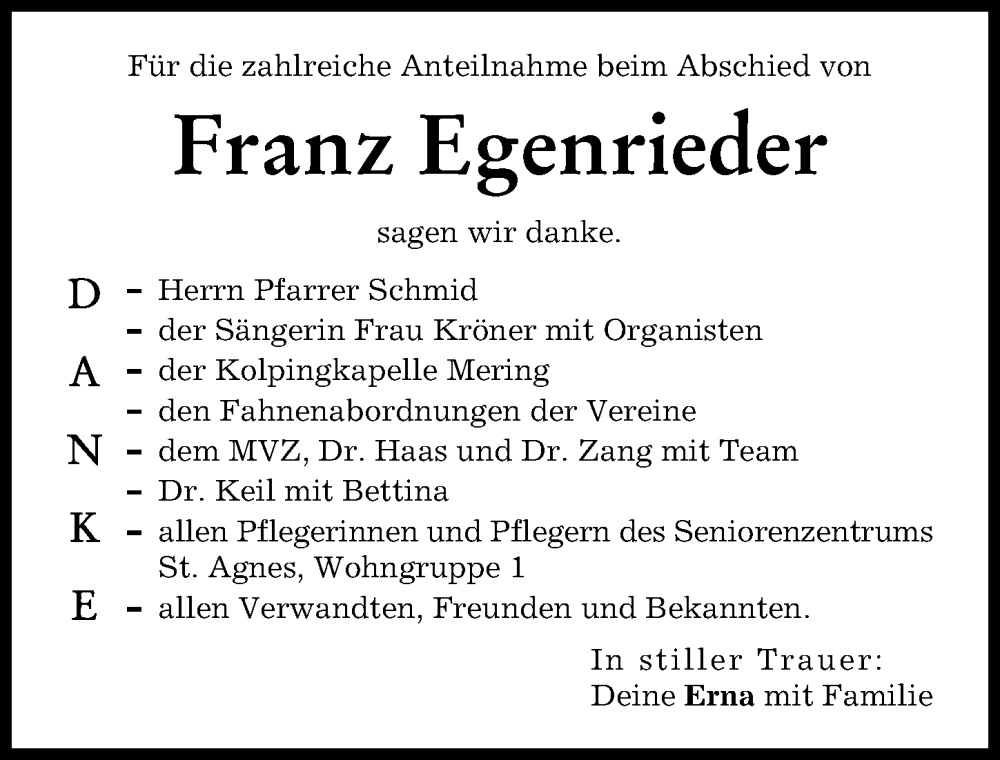 Traueranzeige von Franz Egenrieder von Friedberger Allgemeine