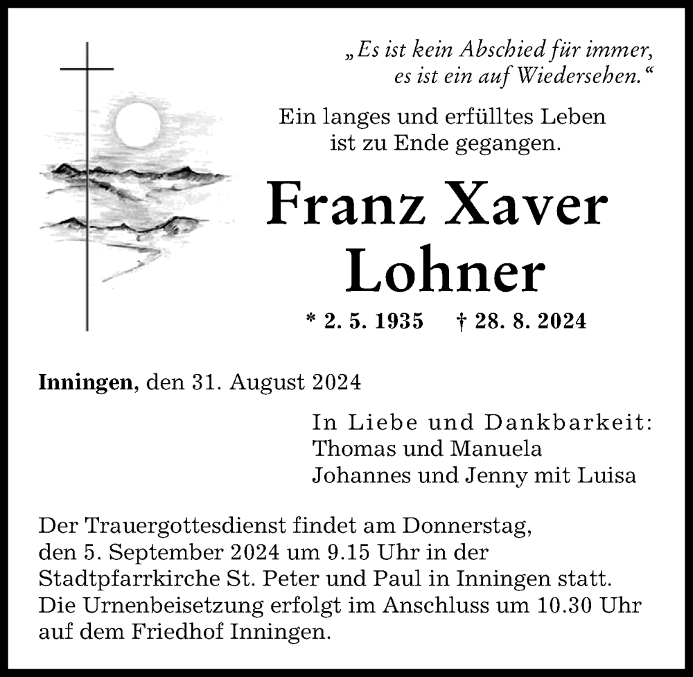 Traueranzeige von Franz Xaver Lohner von Augsburger Allgemeine