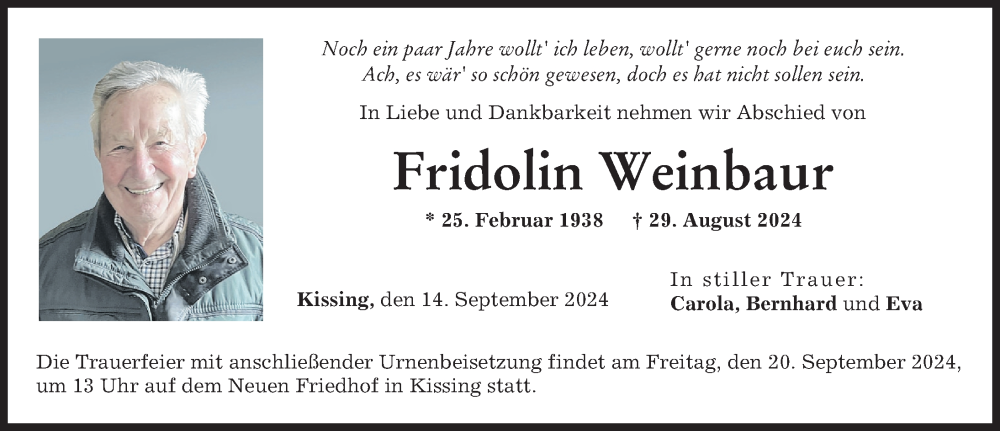 Traueranzeige von Fridolin Weinbaur von Friedberger Allgemeine