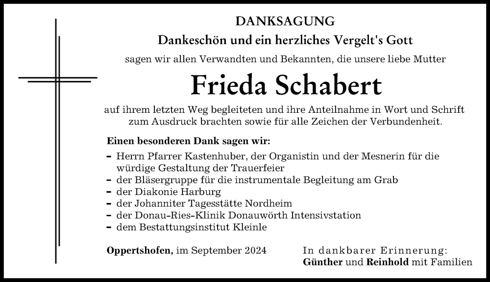 Traueranzeige von Frieda Schabert von Donauwörther Zeitung