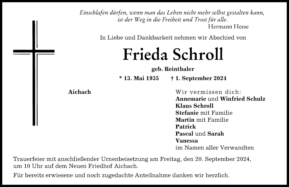 Traueranzeige von Frieda Schroll von Aichacher Nachrichten