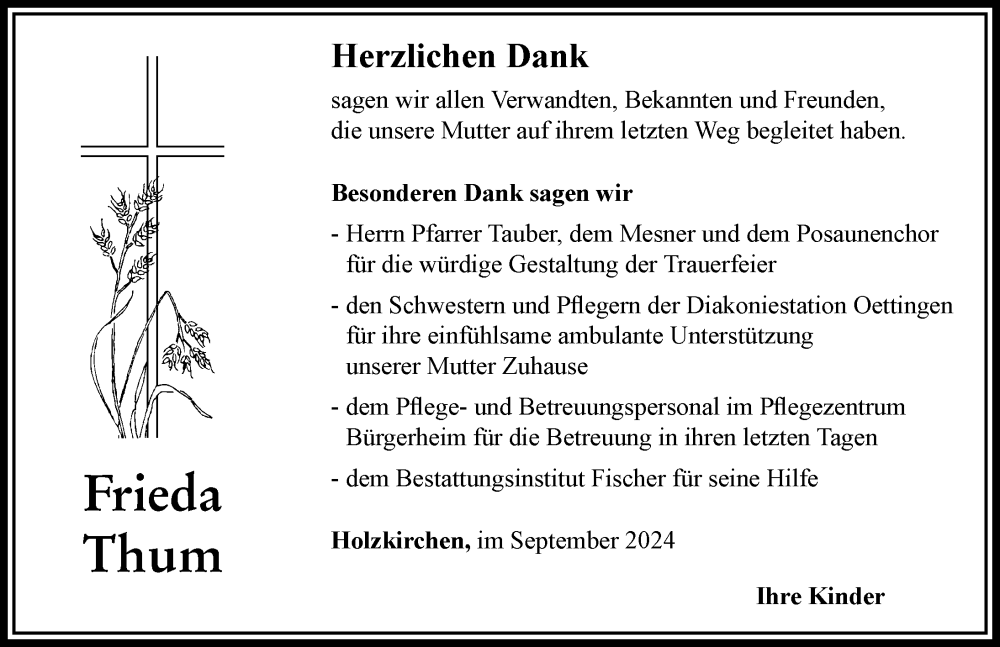 Traueranzeige von Frieda Thum von Rieser Nachrichten