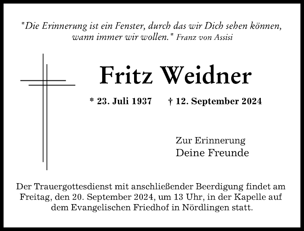 Traueranzeige von Fritz Weidner von Rieser Nachrichten