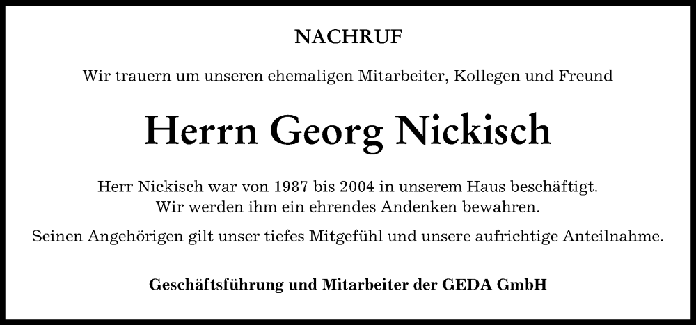 Traueranzeige von Georg Nickisch von Donauwörther Zeitung