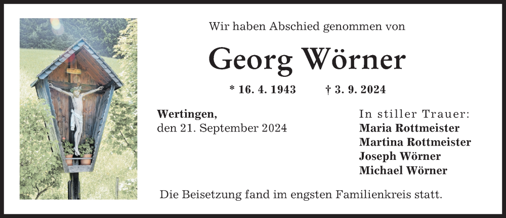 Traueranzeige von Georg Wörner von Wertinger Zeitung, Augsburg-Land