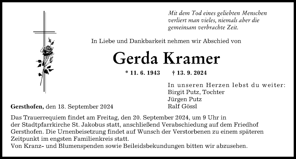 Traueranzeige von Gerda Kramer von Augsburger Allgemeine