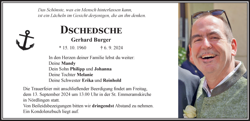 Traueranzeige von Gerhard Burger von Donauwörther Zeitung, Rieser Nachrichten