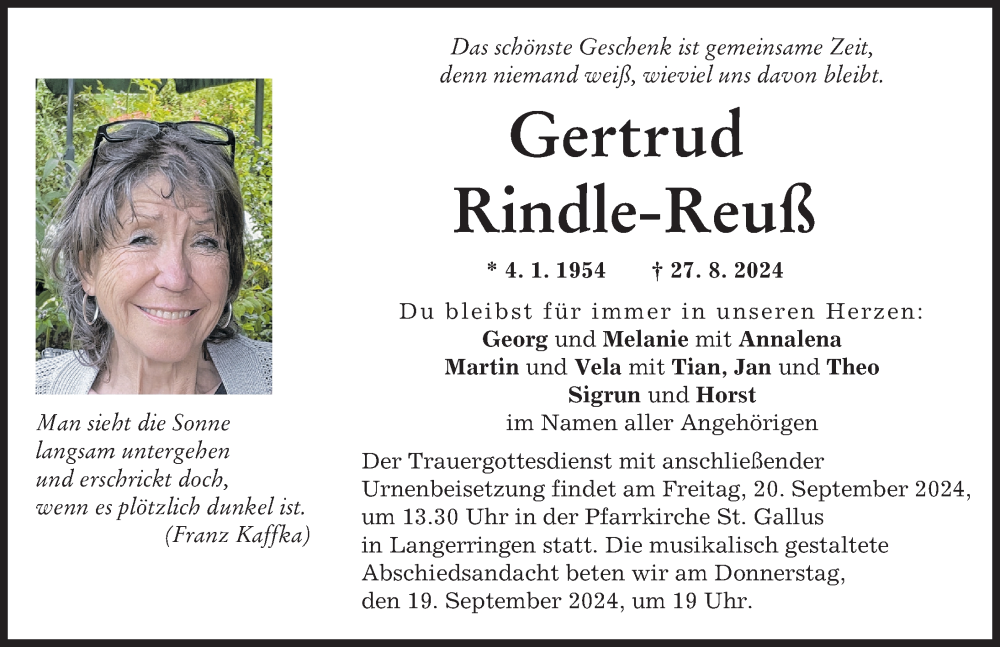  Traueranzeige für Gertrud Rindle-Reuß vom 14.09.2024 aus Schwabmünchner Allgemeine