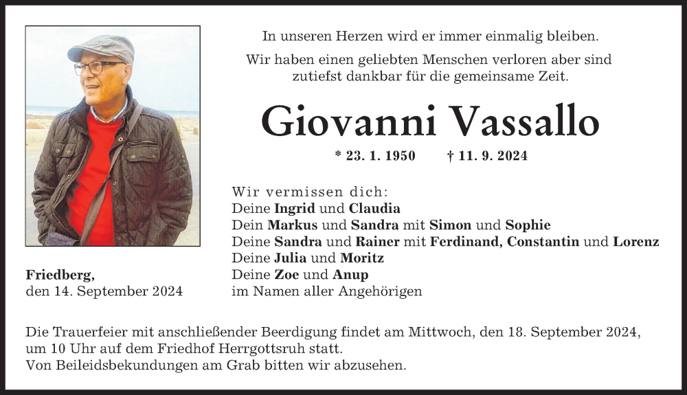  Traueranzeige für Giovanni Vassallo vom 14.09.2024 aus Friedberger Allgemeine