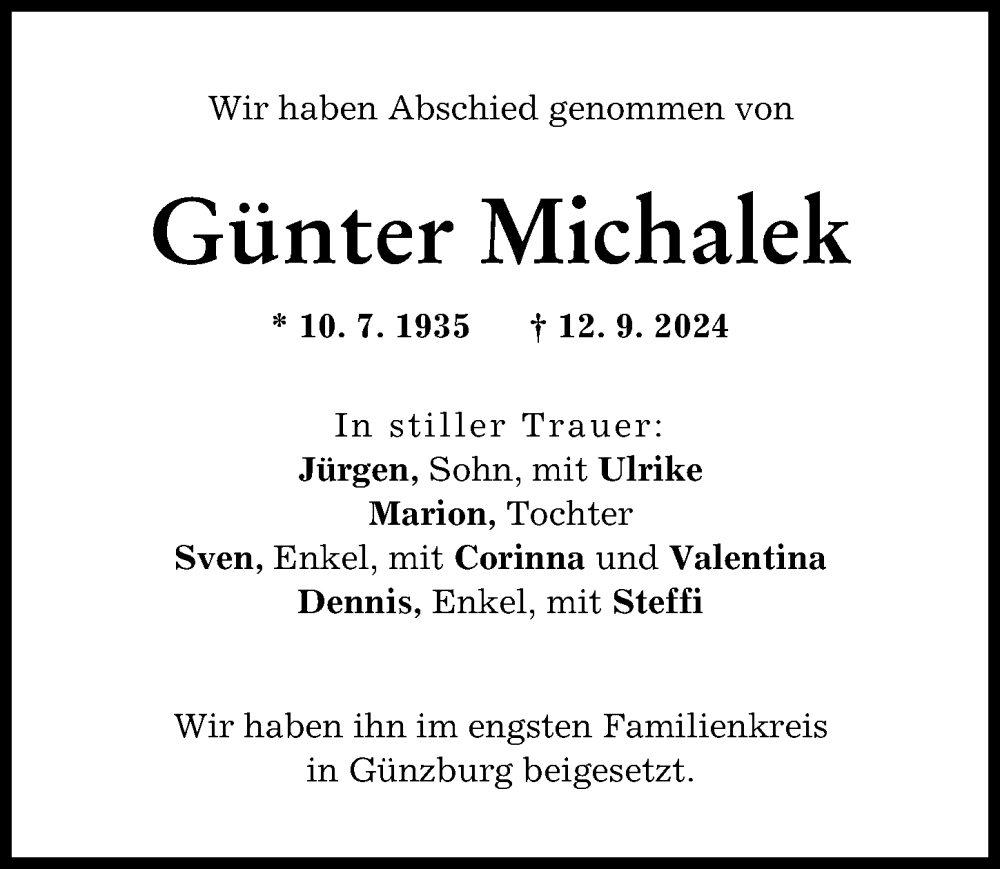 Traueranzeige von Günter Michalek von Günzburger Zeitung