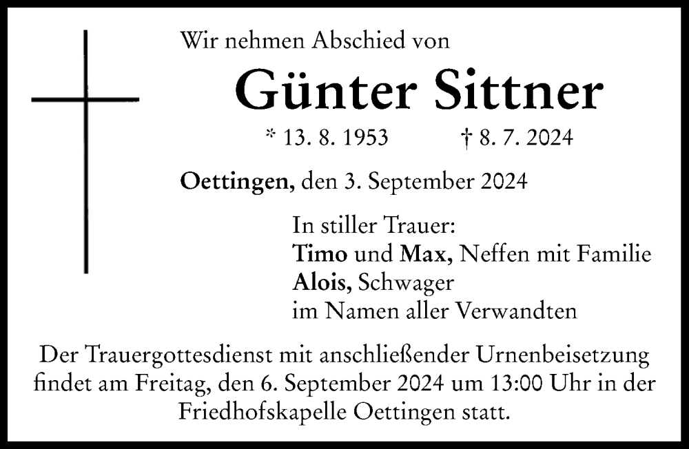 Traueranzeige von Günter Sittner von Rieser Nachrichten