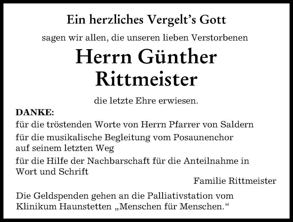 Traueranzeige von Günther Rittmeister von Augsburger Allgemeine