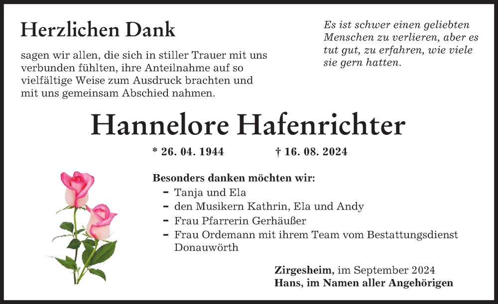 Traueranzeige von Hannelore Hafenrichter von Donauwörther Zeitung