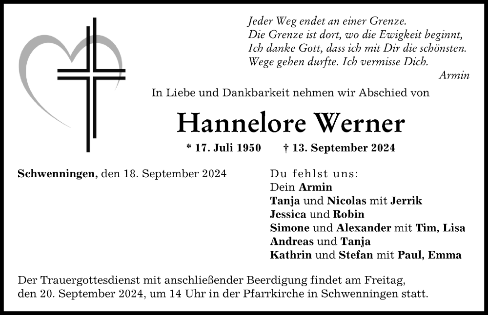 Traueranzeige von Hannelore Werner von Donau Zeitung