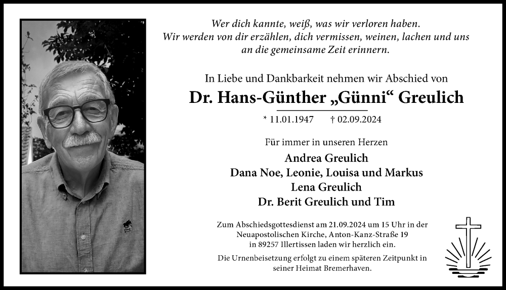  Traueranzeige für Hans-Günther Greulich vom 14.09.2024 aus Illertisser Zeitung