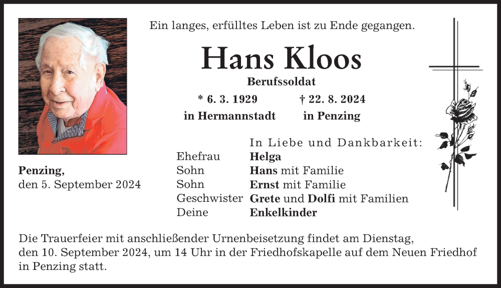 Traueranzeige von Hans Kloos von Landsberger Tagblatt