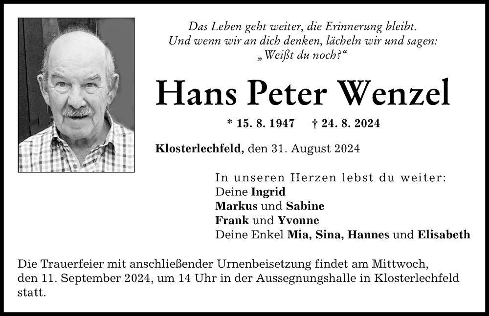 Traueranzeige von Hans Peter Wenzel von Schwabmünchner Allgemeine