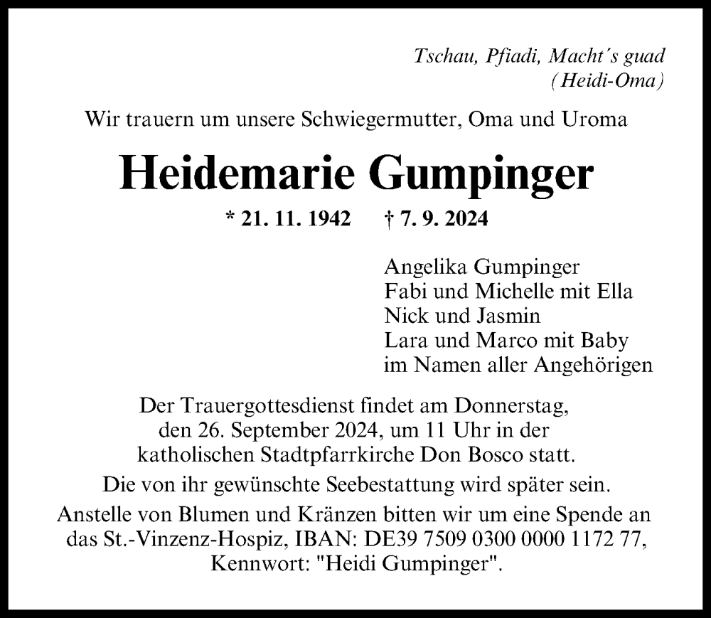 Traueranzeige von Heidemarie Gumpinger von Augsburger Allgemeine