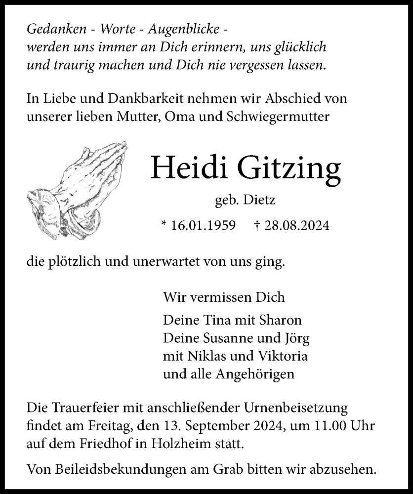 Traueranzeige von Heidi Gitzing von Augsburger Allgemeine, Neu-Ulmer Zeitung