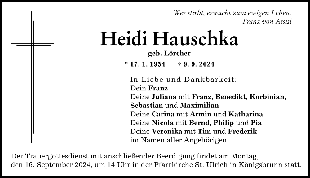 Traueranzeige von Heidi Hauschka von Schwabmünchner Allgemeine