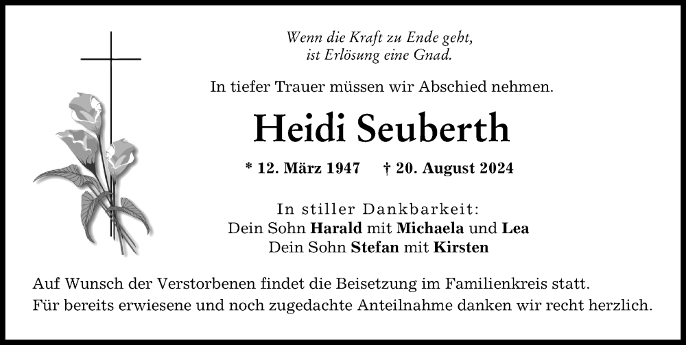 Traueranzeige von Heidi Seuberth von Donauwörther Zeitung