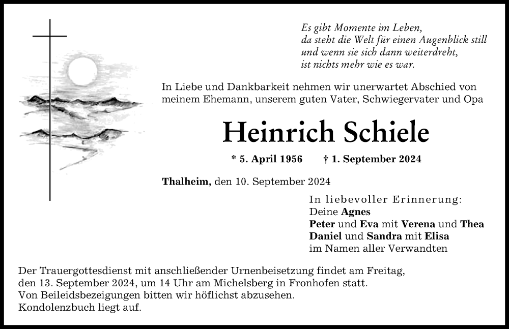 Traueranzeige von Heinrich Schiele von Donau Zeitung