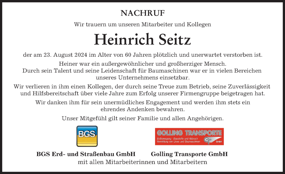 Traueranzeige von Heinrich Seitz von Neuburger Rundschau