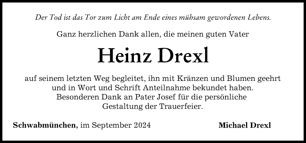 Traueranzeige von Heinz Drexl von Schwabmünchner Allgemeine