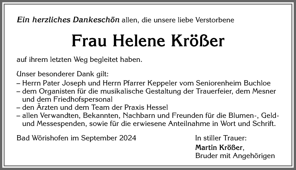 Traueranzeige von Helene Krößer von Mindelheimer Zeitung