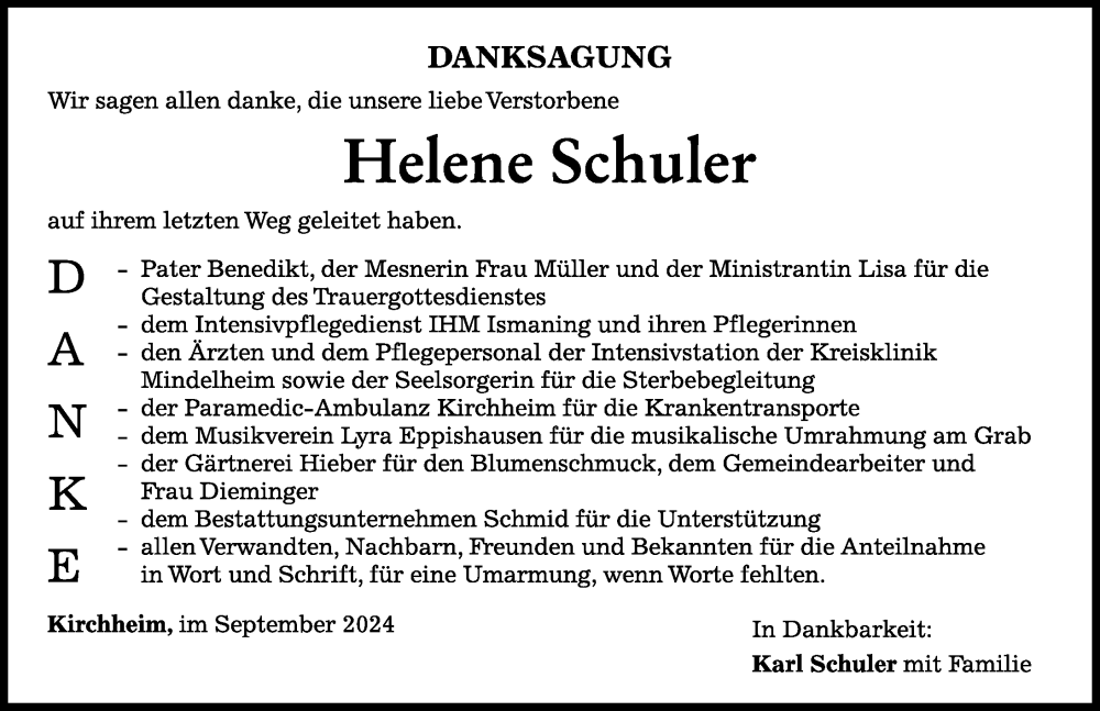 Traueranzeige von Helene Schuler von Mindelheimer Zeitung