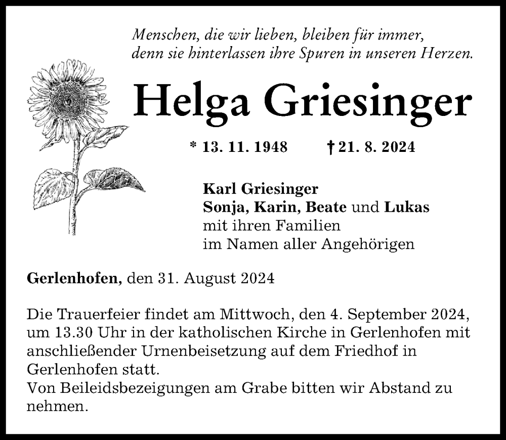 Traueranzeige von Helga Griesinger von Neu-Ulmer Zeitung