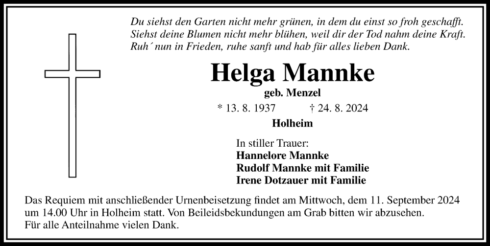 Traueranzeige von Helga Mannke von Rieser Nachrichten