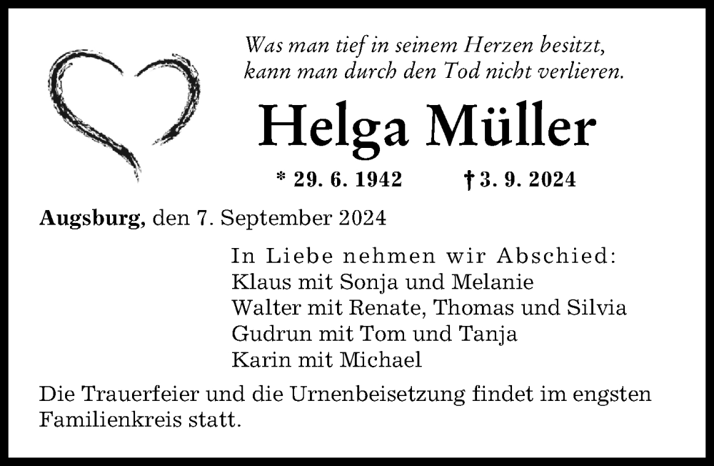  Traueranzeige für Helga Müller vom 07.09.2024 aus Augsburger Allgemeine