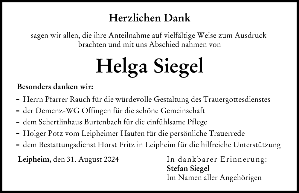 Traueranzeige von Helga Siegel von Günzburger Zeitung