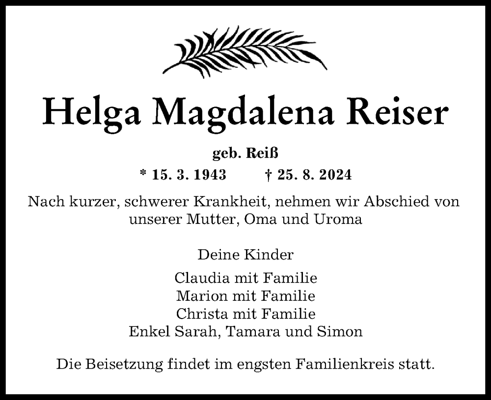 Traueranzeige von Helga Magdalena Reiser von Schwabmünchner Allgemeine