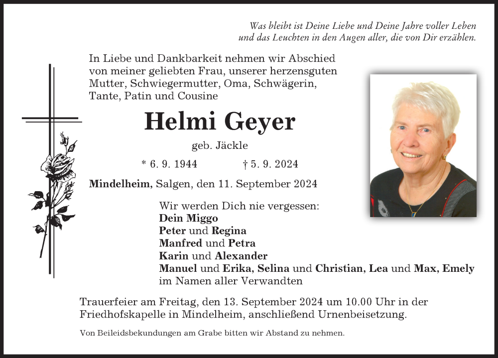  Traueranzeige für Helmi Geyer vom 11.09.2024 aus Mindelheimer Zeitung