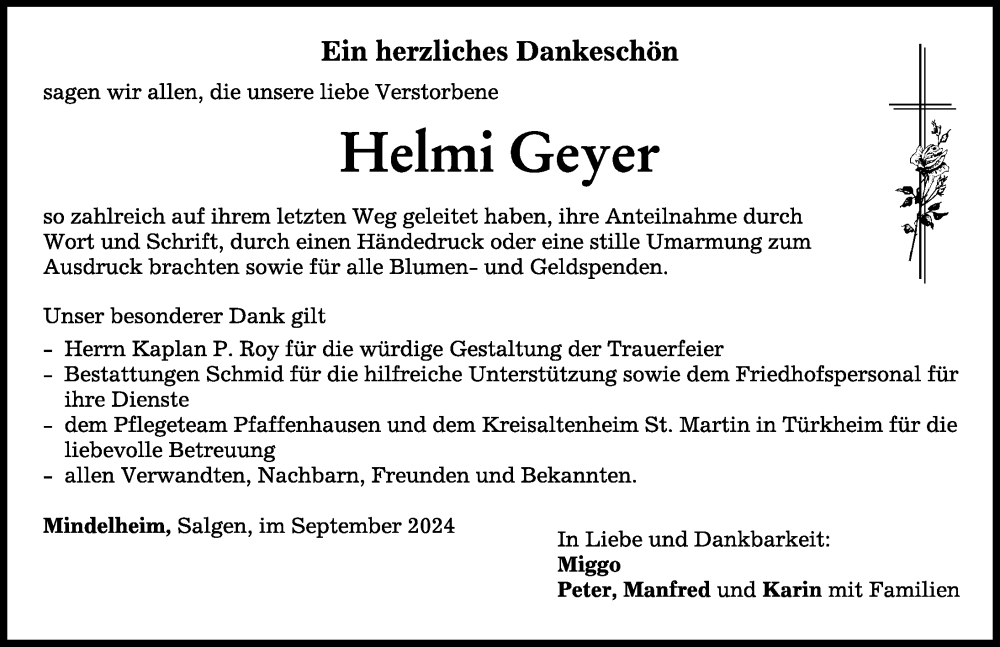 Traueranzeige von Helmi Geyer von Mindelheimer Zeitung