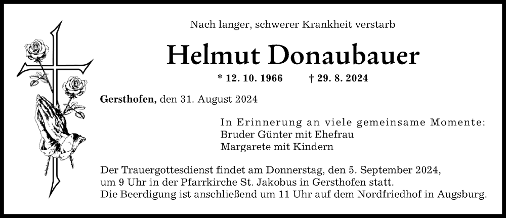 Traueranzeige von Helmut Donaubauer von Augsburger Allgemeine